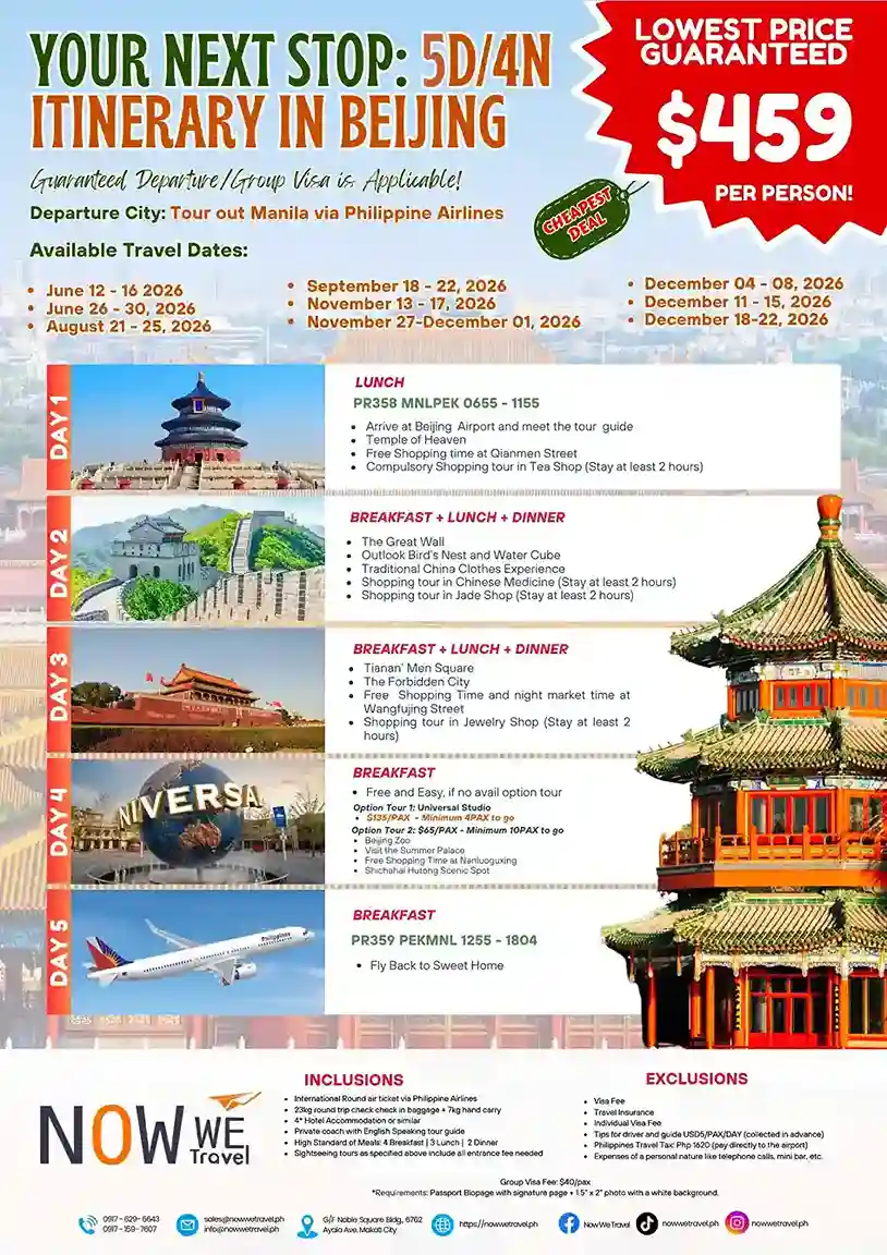 Your Next Stop: 5D/4N Itinerary in Beijing with specific activities such as touring the Great Wall of China and visiting other landmarks.