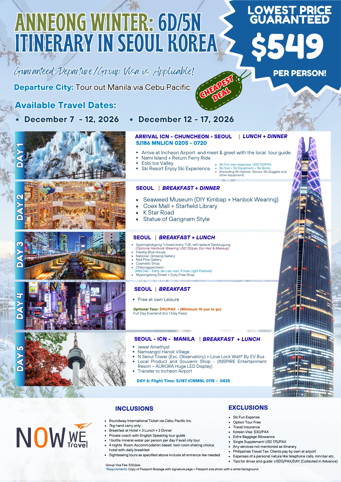 A colorful travel flyer promoting a winter itinerary to Seoul, Korea, featuring details about the trip's duration (6 days/5 nights).