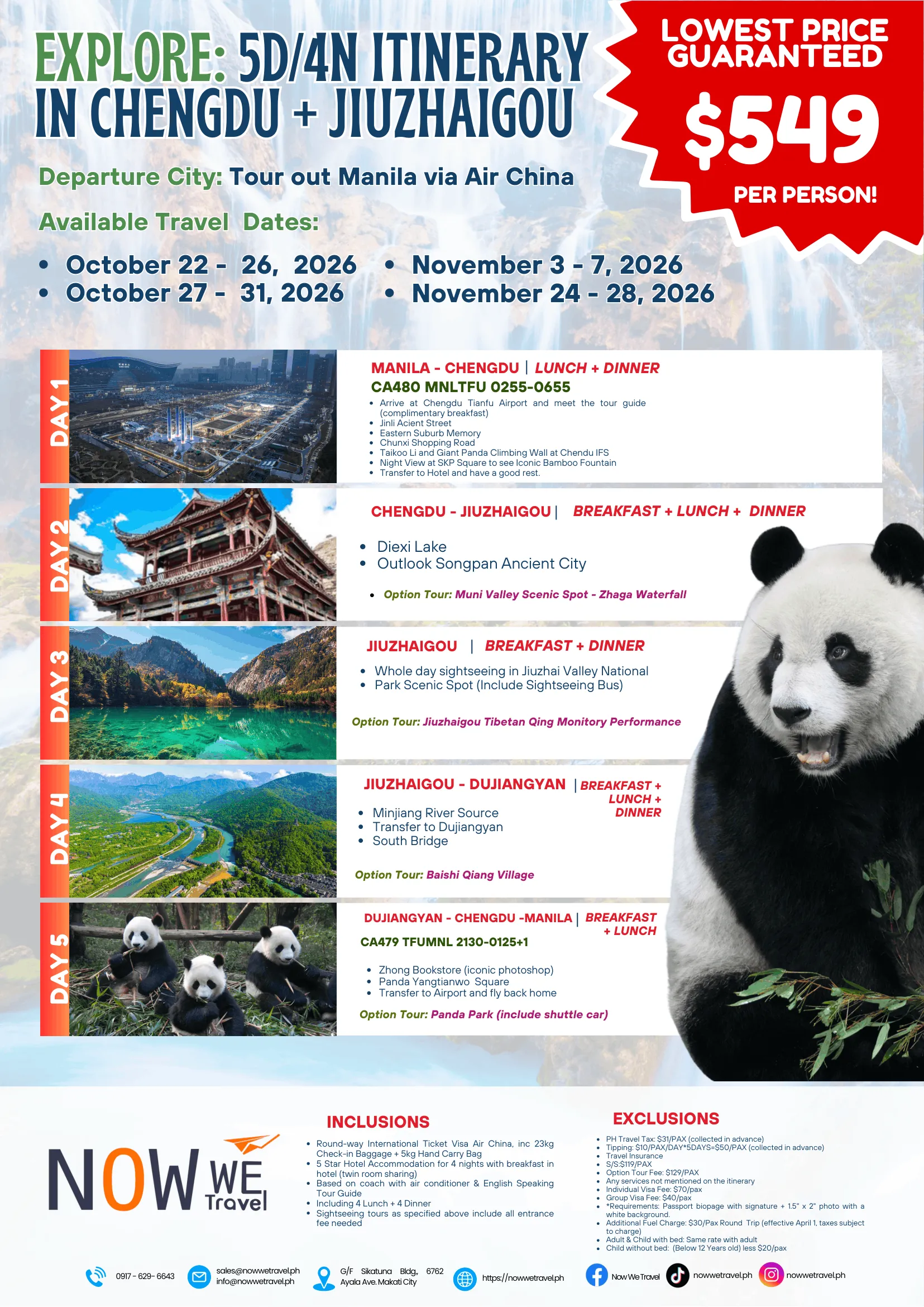 5D4N Chengdu & Jiuzhaigou Tour Package from Manila | Air China 2026